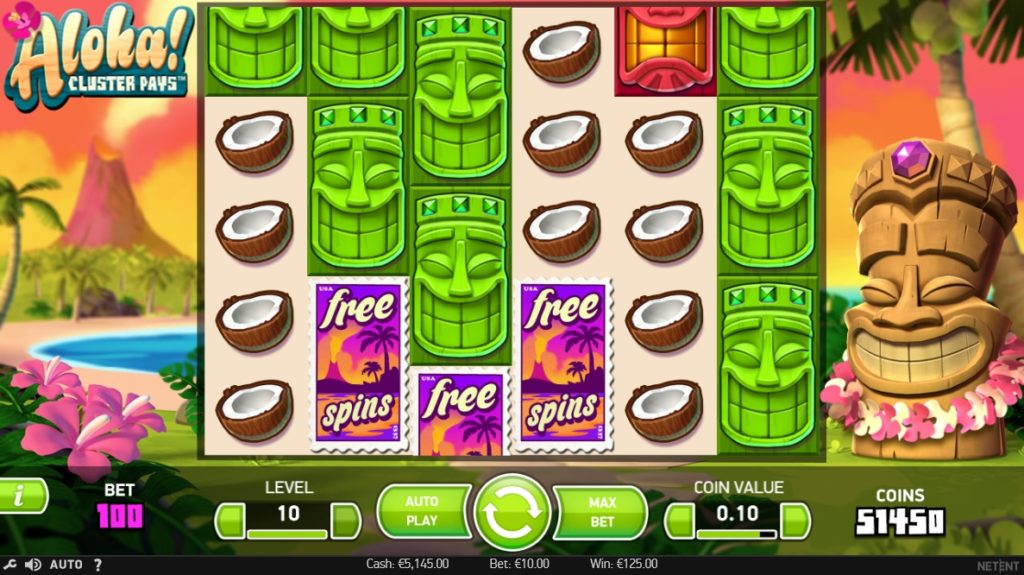 Ecrã de rodadas grátis do Aloha Cluster Pays mostrando Symbol Drop a remover símbolos de baixo valor