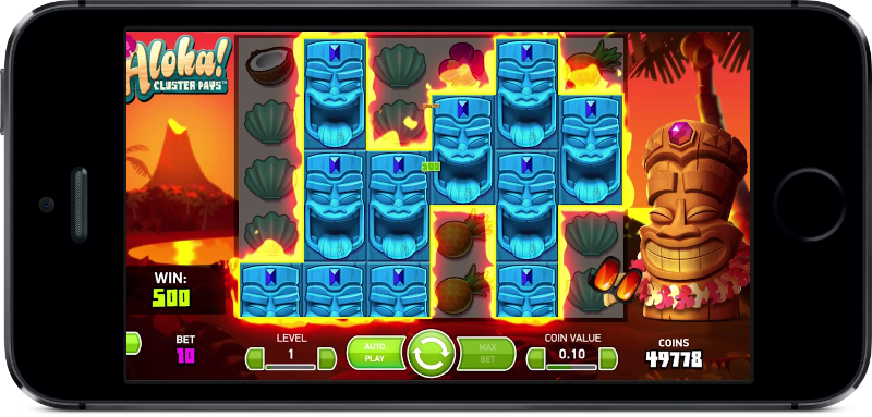 Aloha! Cluster Pays jogo de slot - tela principal com tema tropical polinésio