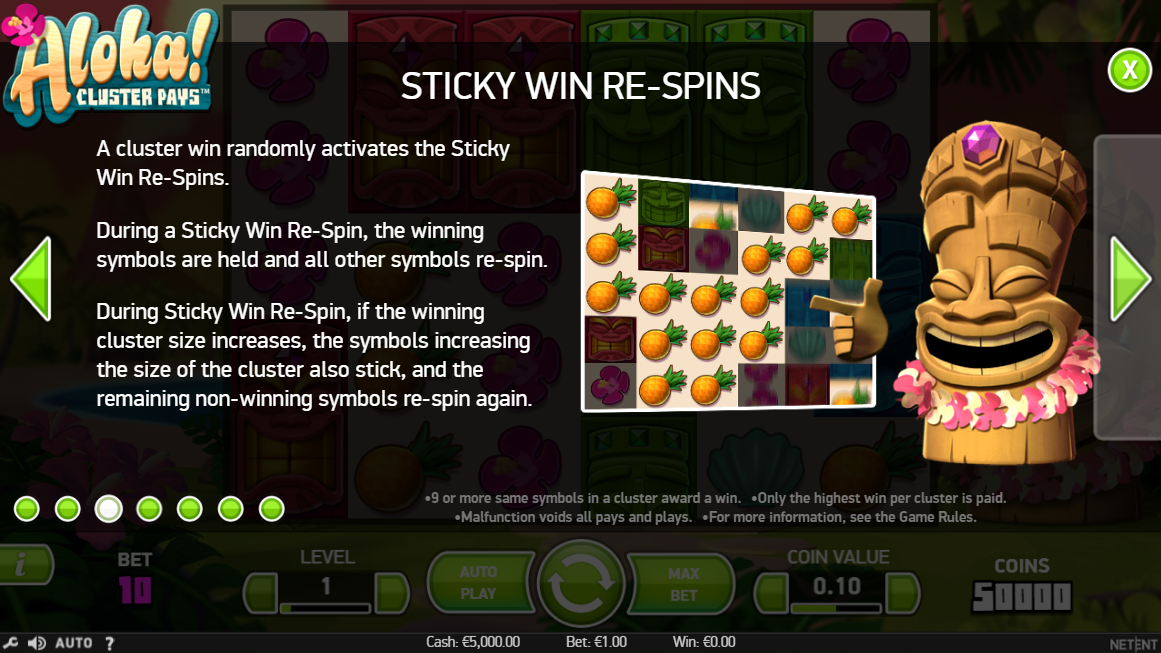 Tabela de pagamentos completa do Aloha Cluster Pays mostrando todos os símbolos tiki e seus valores