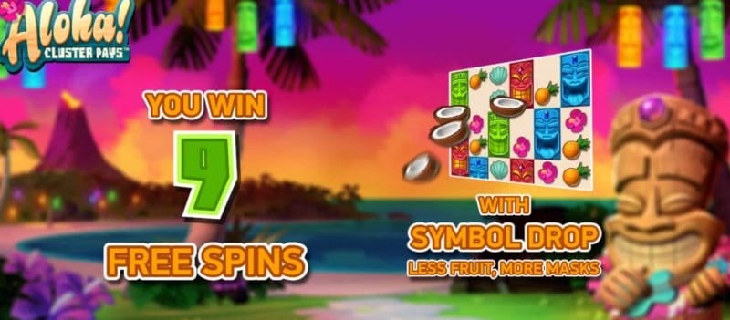 Símbolos do Aloha Cluster Pays incluindo máscaras tiki coloridas e elementos tropicais