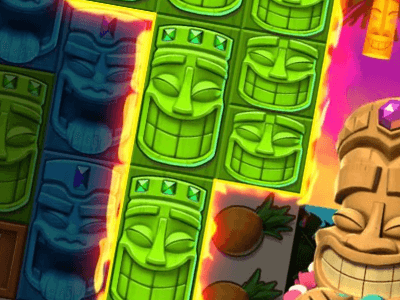 Design visual tropical do Aloha Cluster Pays com totens tiki e flores de hibisco